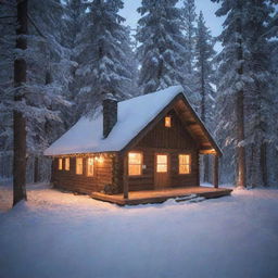 I want a picture of a small cozy cabin in the middle of a snowy forest with lights inside glowing and smoke coming out of the chimney