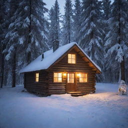 I want a picture of a small cozy cabin in the middle of a snowy forest with lights inside glowing and smoke coming out of the chimney