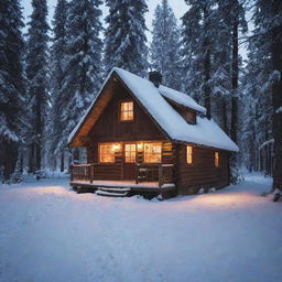 I want a picture of a small cozy cabin in the middle of a snowy forest with lights inside glowing and smoke coming out of the chimney