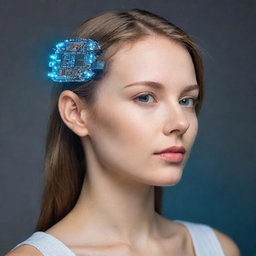 A beautiful girl with a compact glass hair clip cyber implant on her head. The clip has intricate electronics inside, with LED lights that blink and flicker.