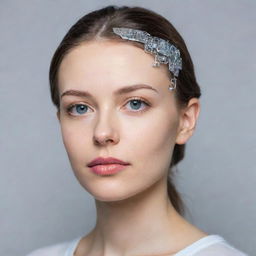 A beautiful girl with a compact glass hair clip cyber implant on her head. The clip has intricate electronics inside, with LED lights that blink and flicker.