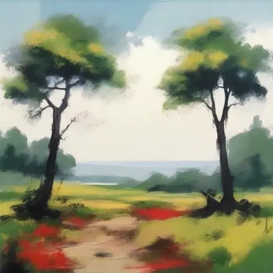 The artist used a series of brush strokes to create a beautiful, yet scanty, landscape painting.