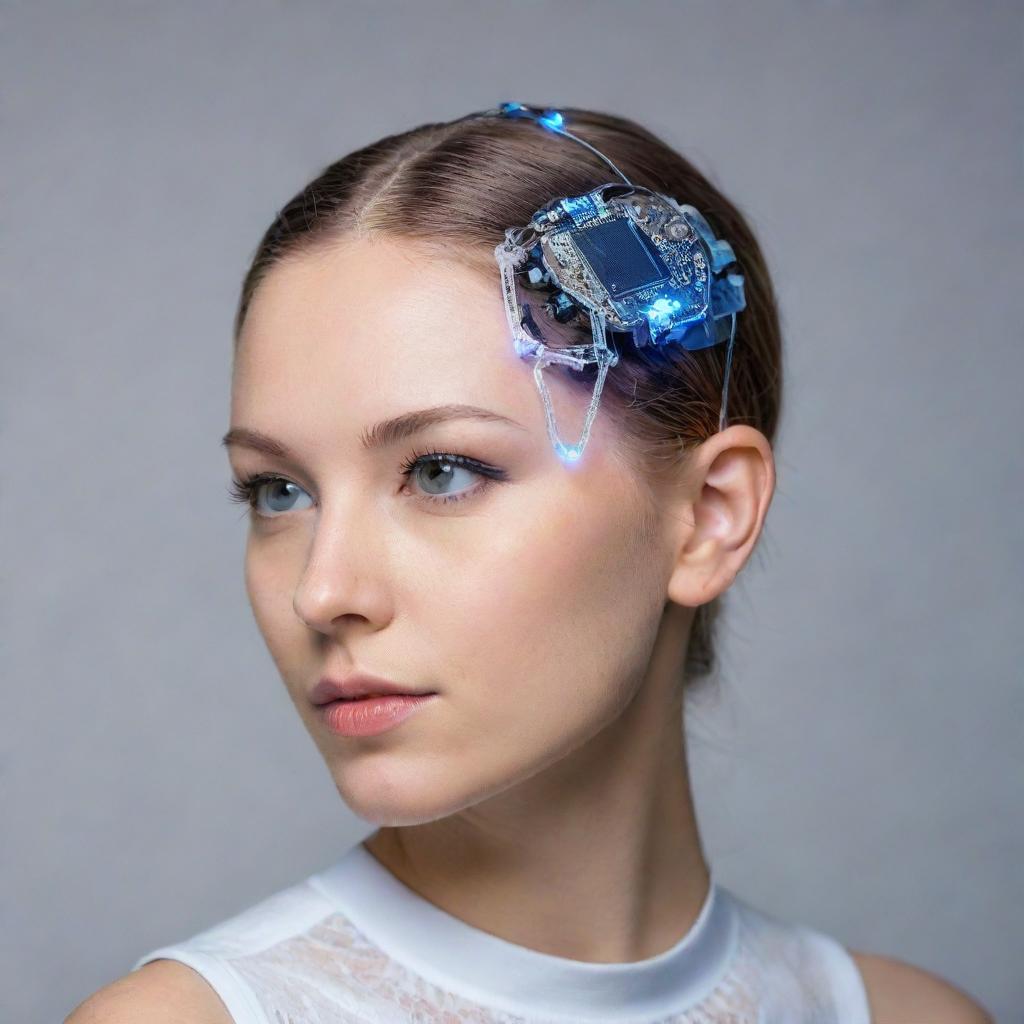 A beautiful girl with a compact glass hair clip cyber implant on her head. The clip has intricate electronics inside, with LED lights that blink and flicker.