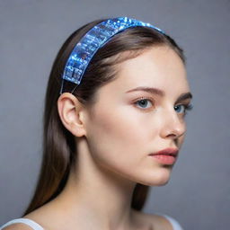 A beautiful girl with a compact glass hair clip cyber implant on her head. The clip has intricate electronics inside, with LED lights that blink and flicker.