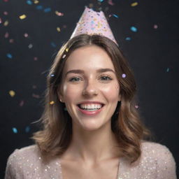 A photorealistic image in 8k resolution with aspect ratio 4:3, of a beautiful birthday girl smiling with confetti floating around