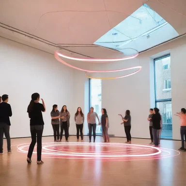 The contemporary art installation featured a large hula-hoop suspended from the ceiling, creating an interactive and visually striking experience.