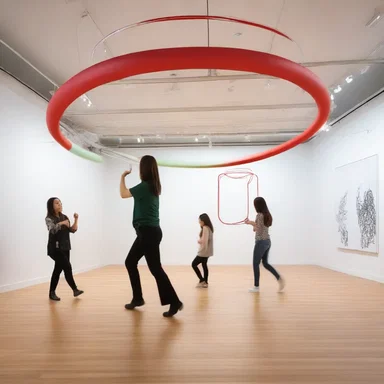 The contemporary art installation featured a large hula-hoop suspended from the ceiling, creating an interactive and visually striking experience.