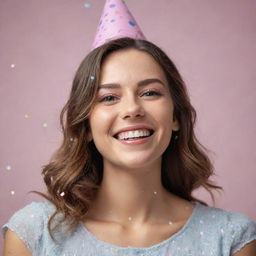 A photorealistic image in 8k resolution with aspect ratio 4:3, of a beautiful birthday girl smiling with confetti floating around