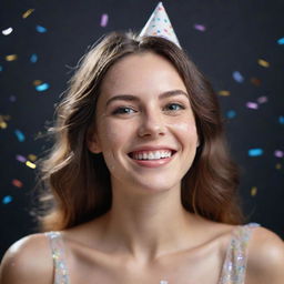 A photorealistic image in 8k resolution with aspect ratio 4:3, of a beautiful birthday girl smiling with confetti floating around