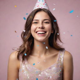 A photorealistic image in 8k resolution with aspect ratio 4:3, of a beautiful birthday girl smiling with confetti floating around