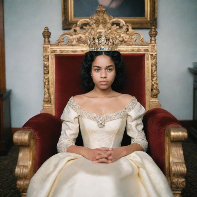 A Kodak disposable photograph style image in 8k resolution and aspect ratio 3:4, showcasing a young queen sitting on her throne