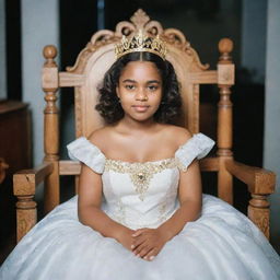 A Kodak disposable photograph style image in 8k resolution and aspect ratio 3:4, showcasing a young queen sitting on her throne