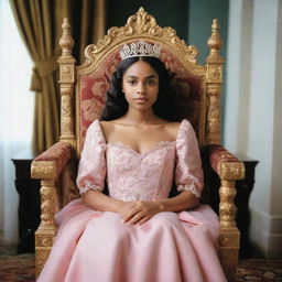 A Kodak disposable photograph style image in 8k resolution and aspect ratio 3:4, showcasing a young queen sitting on her throne