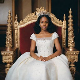 A Kodak disposable photograph style image in 8k resolution and aspect ratio 3:4, showcasing a young queen sitting on her throne