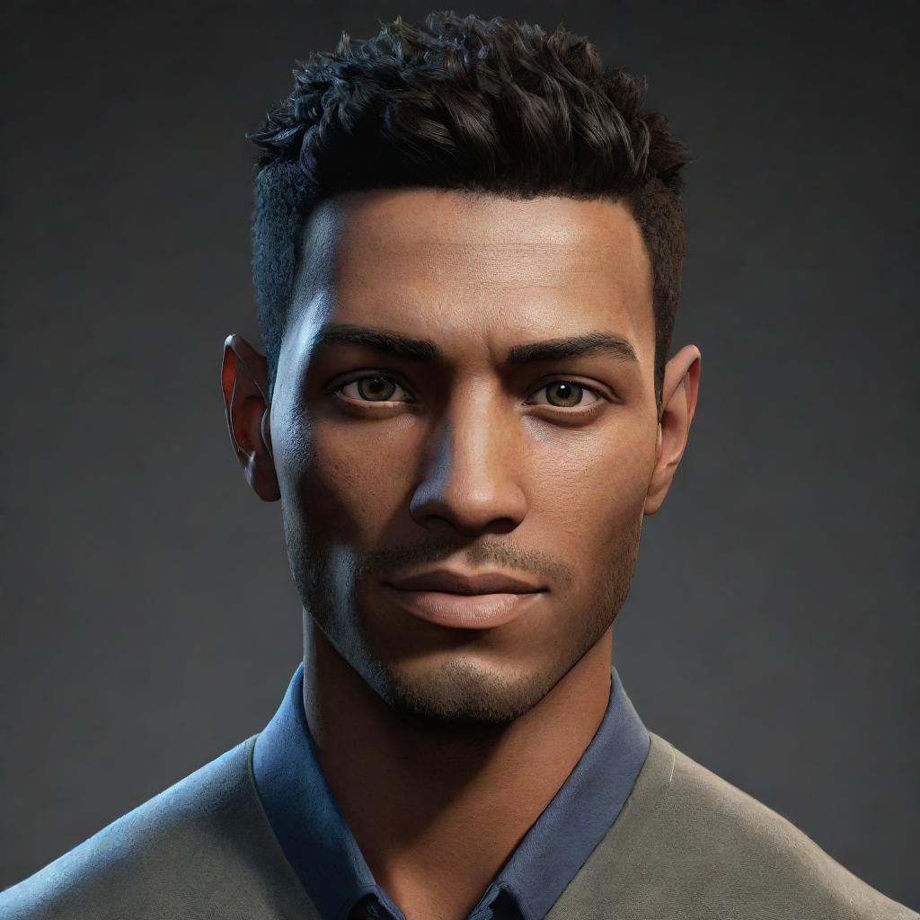 A high-definition, digital male avatar for a game, named Nichs, featuring unique, detailed characteristics; with a striking visual appeal.