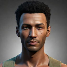 A high-definition, digital male avatar for a game, named Nichs, featuring unique, detailed characteristics; with a striking visual appeal.