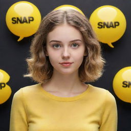 A 3D illustration of a realistic 20-year-old beautiful girl, engrossed in developing software. She is in front of a 3D 'SNAP CHAT' logo and is wearing yellow attire.