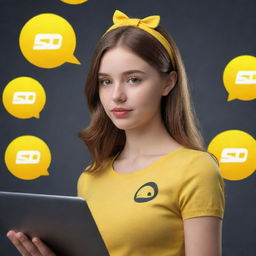 A 3D illustration of a realistic 20-year-old beautiful girl, engrossed in developing software. She is in front of a 3D 'SNAP CHAT' logo and is wearing yellow attire.