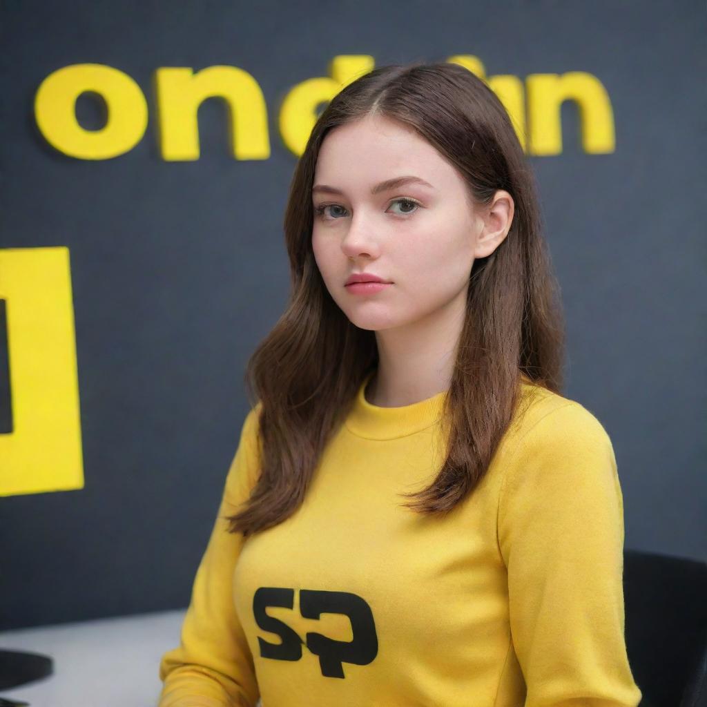 A 3D illustration of a realistic 20-year-old beautiful girl, engrossed in developing software. She is in front of a 3D 'SNAP CHAT' logo and is wearing yellow attire.
