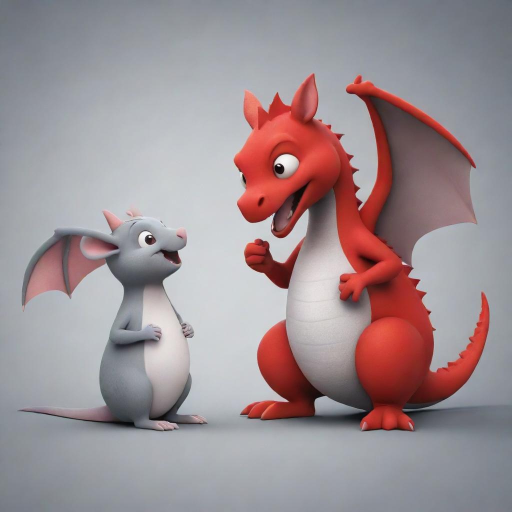 A cartoon style red dragon and a gray mouse together in a friendly interaction.