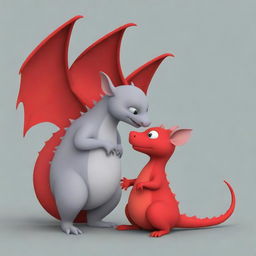 A cartoon style red dragon and a gray mouse together in a friendly interaction.