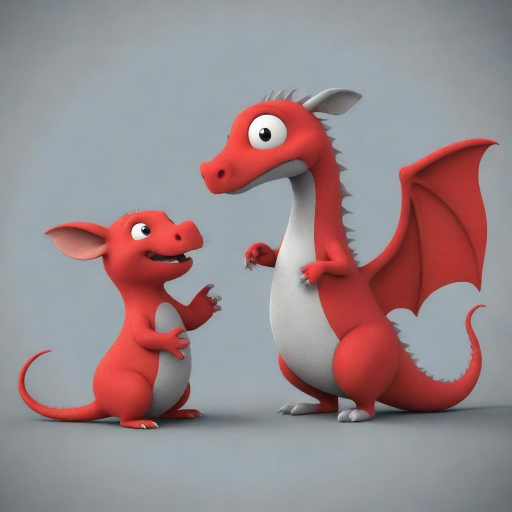 A cartoon style red dragon and a gray mouse together in a friendly interaction.