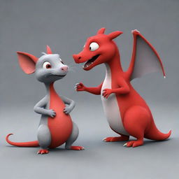 A cartoon style red dragon and a gray mouse together in a friendly interaction.