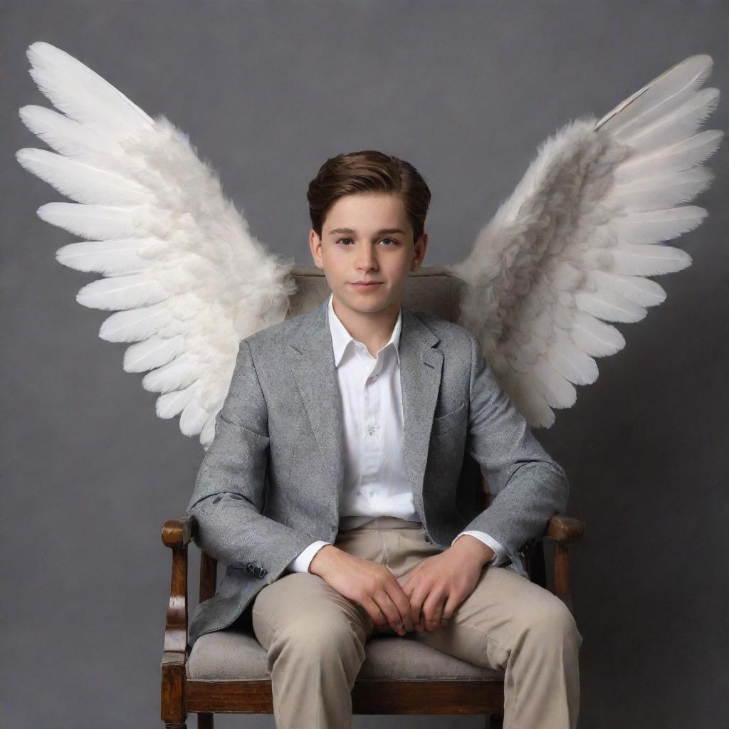 A handsome boy seated in a chair, angelic wings unfurling behind him set against a muted grey backdrop. The name 'Mr.Banik' is tastefully written in the background.