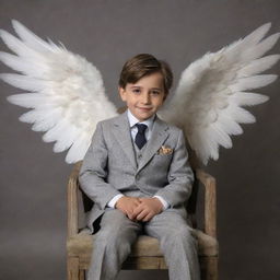 A handsome boy seated in a chair, angelic wings unfurling behind him set against a muted grey backdrop. The name 'Mr.Banik' is tastefully written in the background.