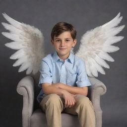 A handsome boy seated in a chair, angelic wings unfurling behind him set against a muted grey backdrop. The name 'Mr.Banik' is tastefully written in the background.