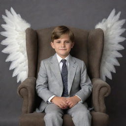 A handsome boy seated in a chair, angelic wings unfurling behind him set against a muted grey backdrop. The name 'Mr.Banik' is tastefully written in the background.