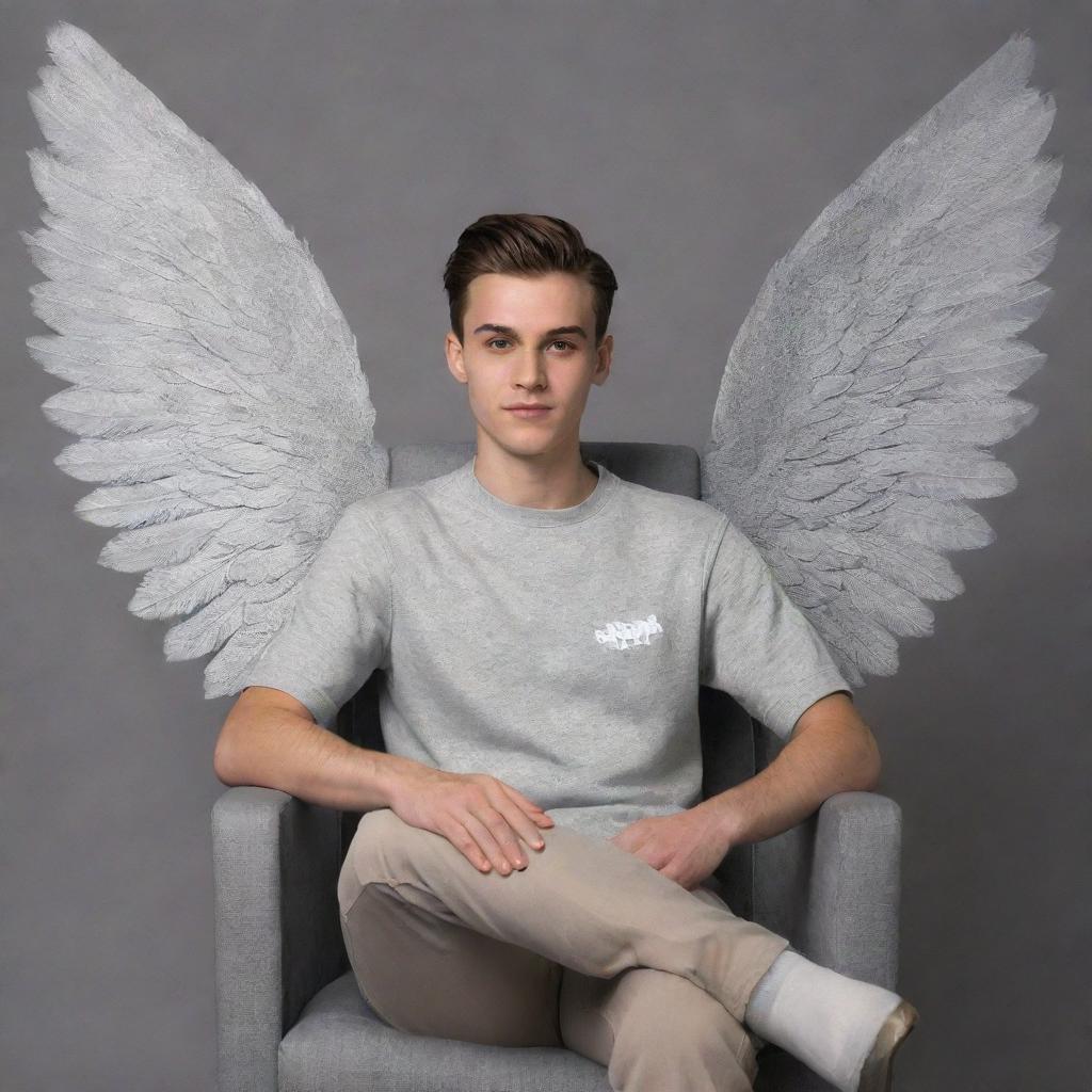 A handsome 22-year-old young man sitting in a chair, with stylized wings in the background. The background is of a soft grey color with the text 'Mr. Banik' artistically incorporated.