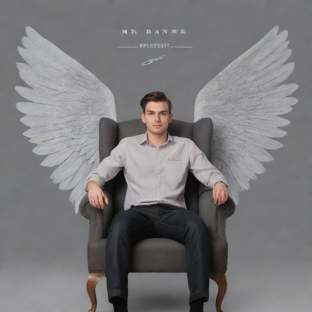 A handsome 22-year-old young man sitting in a chair, with stylized wings in the background. The background is of a soft grey color with the text 'Mr. Banik' artistically incorporated.