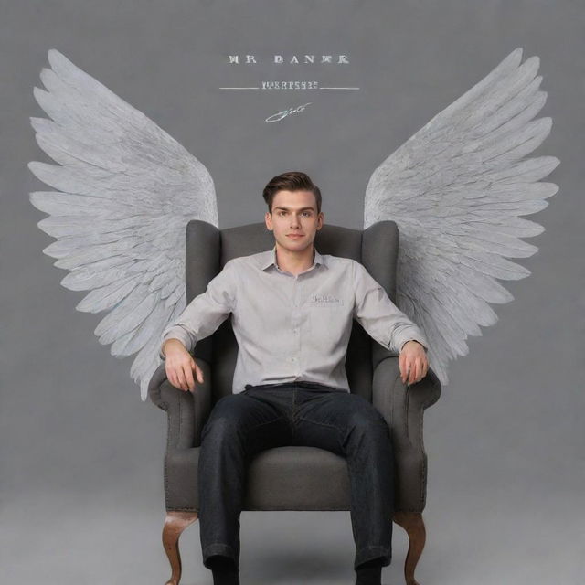 A handsome 22-year-old young man sitting in a chair, with stylized wings in the background. The background is of a soft grey color with the text 'Mr. Banik' artistically incorporated.