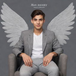 A handsome 22-year-old young man sitting in a chair, with stylized wings in the background. The background is of a soft grey color with the text 'Mr. Banik' artistically incorporated.