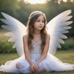 A young girl adorned with ethereal wings sitting peacefully against a serene backdrop.