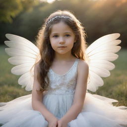 A young girl adorned with ethereal wings sitting peacefully against a serene backdrop.