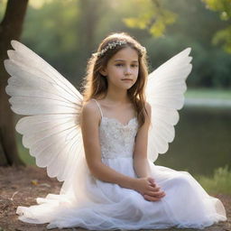 A young girl adorned with ethereal wings sitting peacefully against a serene backdrop.