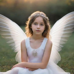 A young girl adorned with ethereal wings sitting peacefully against a serene backdrop.