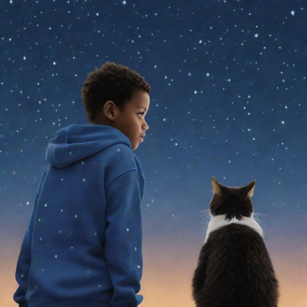 An elder boy, labelled 'Raheem' on the back of his clothes, is gazing at a starry sky next to a cat that's also looking up in the same direction.