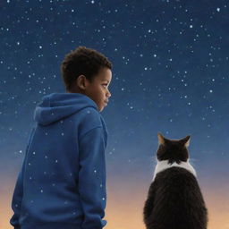 An elder boy, labelled 'Raheem' on the back of his clothes, is gazing at a starry sky next to a cat that's also looking up in the same direction.