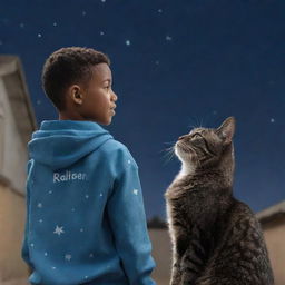 An elder boy, labelled 'Raheem' on the back of his clothes, is gazing at a starry sky next to a cat that's also looking up in the same direction.