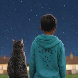 An elder boy, labelled 'Raheem' on the back of his clothes, is gazing at a starry sky next to a cat that's also looking up in the same direction.