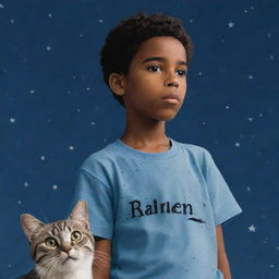 An elder boy, labelled 'Raheem' on the back of his clothes, is gazing at a starry sky next to a cat that's also looking up in the same direction.