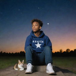 A teenage boy wearing clothes with 'Raheem' written on the back, sitting under a star-studded sky with a cat by his side, looking upwards in wonder.