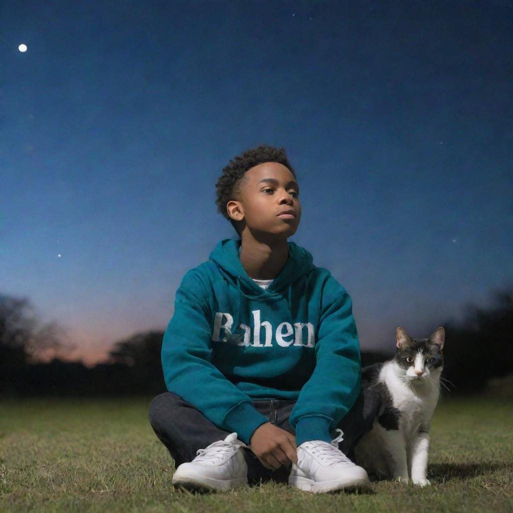 A teenage boy wearing clothes with 'Raheem' written on the back, sitting under a star-studded sky with a cat by his side, looking upwards in wonder.