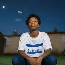 A teenage boy wearing clothes with 'Raheem' written on the back, sitting under a star-studded sky with a cat by his side, looking upwards in wonder.