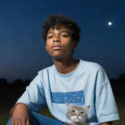 A teenage boy wearing clothes with 'Raheem' written on the back, sitting under a star-studded sky with a cat by his side, looking upwards in wonder.