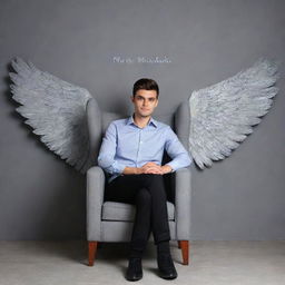 A handsome 22-year-old man sitting in a chair against a grey background wall embellished with wings design. The name 'Mr. Banik' is creatively inscribed on the wall.