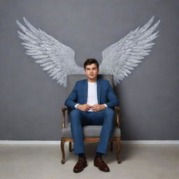 A handsome 22-year-old man sitting in a chair against a grey background wall embellished with wings design. The name 'Mr. Banik' is creatively inscribed on the wall.